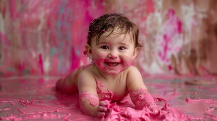 Fototapeta premium a baby latam beauty covered in pink paint