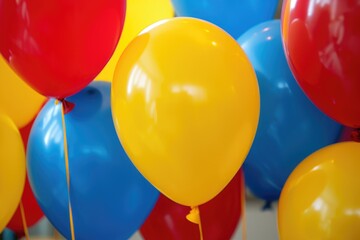 A vibrant bunch of balloons soars high in the air, adding a lively and celebratory atmosphere to the gathering below, Red, yellow, and blue balloons at a children's birthday party, AI Generated