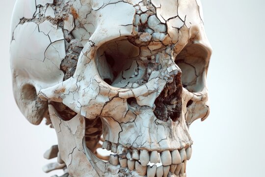 This photo captures a close-up view of a human skull, placed on a white background, revealing intricate details, Render a complex layer-by-layer diagram of a skull fracture, AI Generated