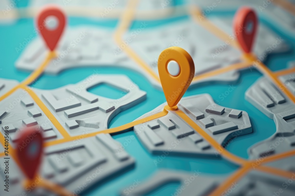Poster a detailed and close-up view of a map with a red pin indicating a specific location in bustling new 