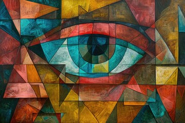 Fototapeta premium A striking painting of an eye with a wide range of vibrant colors, meticulously capturing the intricate details of the iris and pupil, Retinal imaging in a cubist style, AI Generated