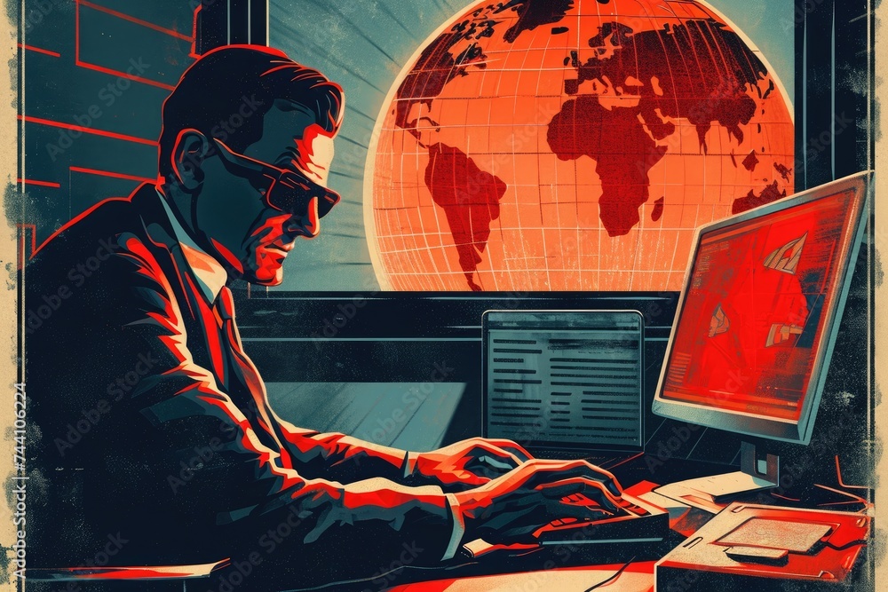 Poster a man is seen sitting in front of a computer placed on top of a desk, retro-style propaganda poster 