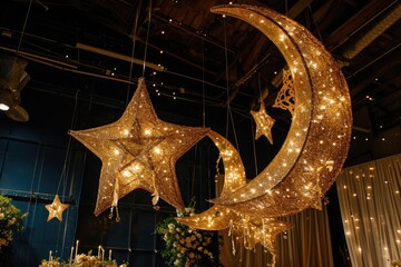 A star and moon decoration hang from the ceiling, adding a celestial touch to the room, Celestial-themed wedding with star-shaped lights and moon-like elements, AI Generated