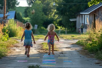 Two young girls, wearing casual clothing, walking together down a dusty dirt road, Children playing hopscotch in a rural setting, AI Generated