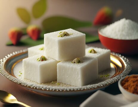 Milk powder barfi also known as Mava burfi, white Khoya burfi or Barfee, Indian Sweet food
