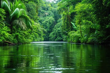 A beautiful body of water surrounded by a dense forest of vibrant green trees, River enveloped in the verdant beauty of a rainforest, AI Generated - obrazy, fototapety, plakaty
