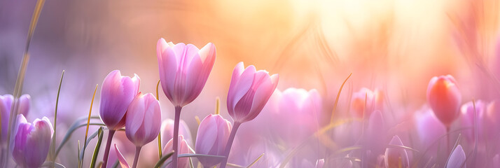 purple tulips in the garden at sunset - obrazy, fototapety, plakaty