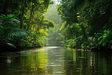 A wide river flows briskly through a dense and vibrant forest, surrounded by lush green trees and vegetation, River passage through the lush and dense rainforest, AI Generated
