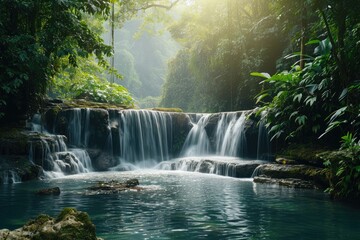 A small waterfall cascades down rocks in the middle of a lush forest, surrounded by towering trees, River with waterfall in a dense rainforest setting, AI Generated