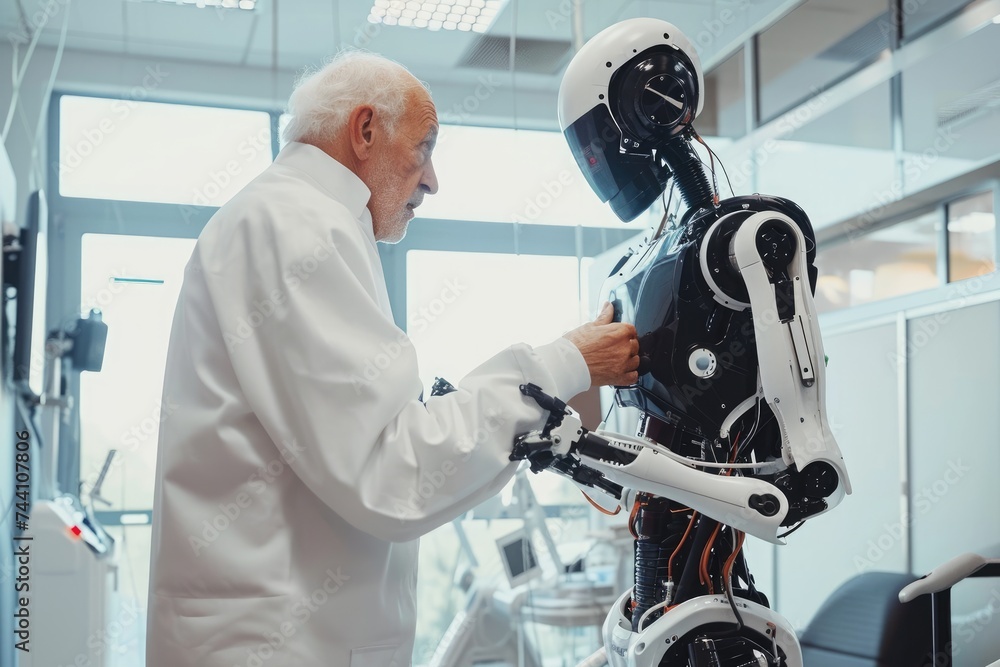 Poster a man wearing a white lab coat stands next to a robot, examining and analyzing its functions and cap
