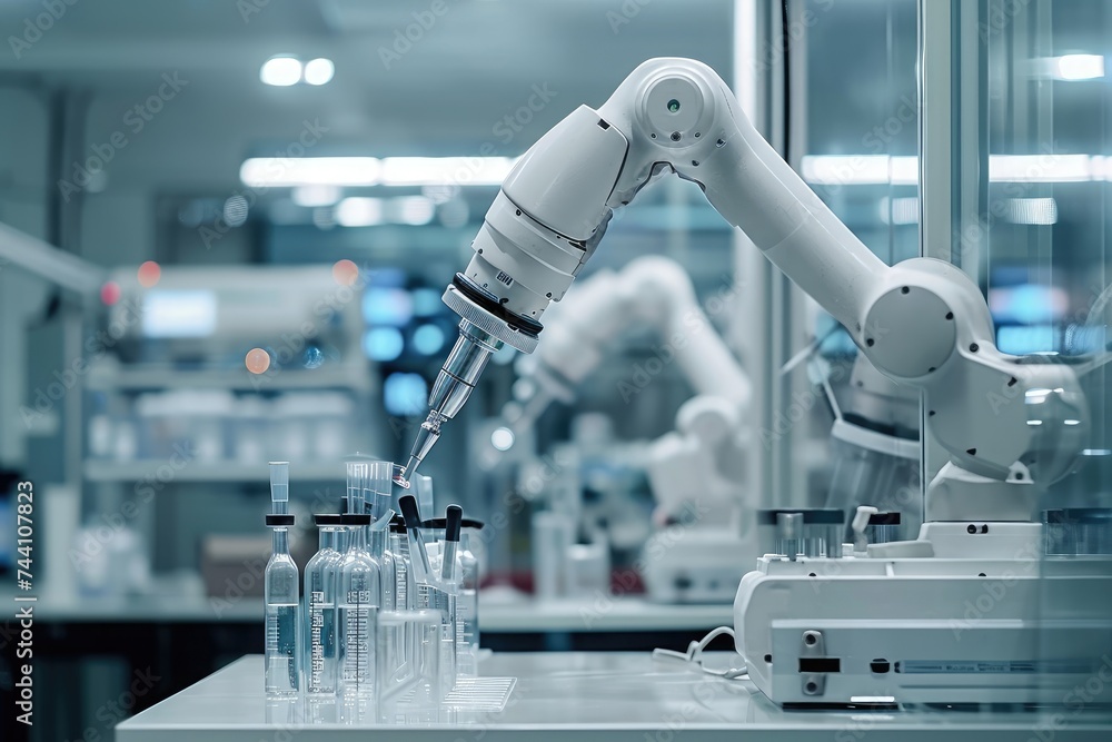 Poster a photo showing a microscope and bottles arranged on a laboratory table, robotic arms working in a b