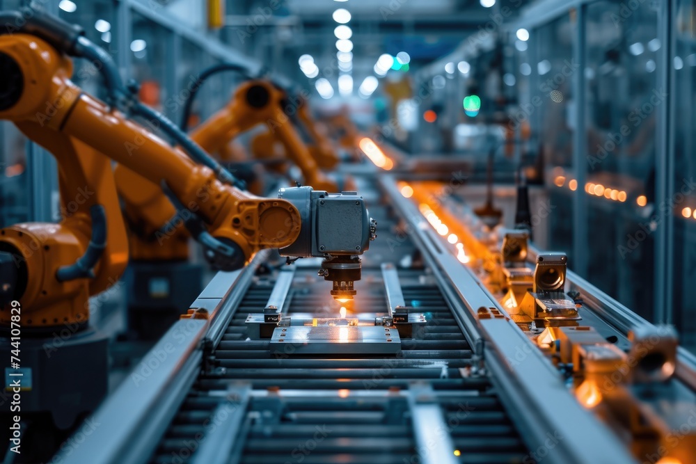 Poster Robotic arms in a factory smoothly and efficiently move along a conveyor belt as part of the manufacturing process, Robotic assembly line in a high tech factory, AI Generated