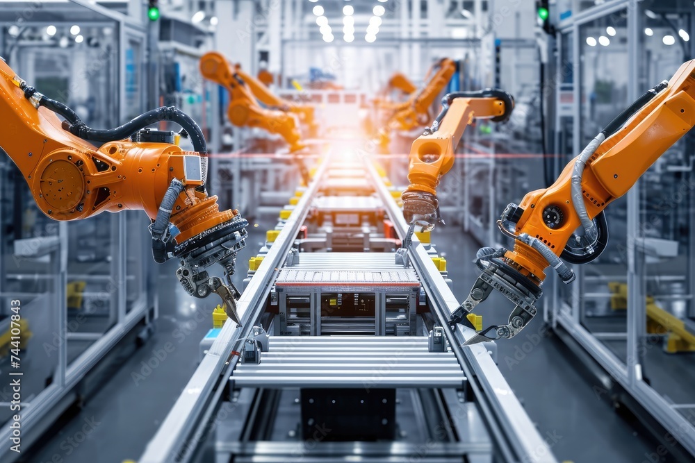Poster automated robots smoothly and efficiently navigate a conveyor belt in a bustling factory, carrying o