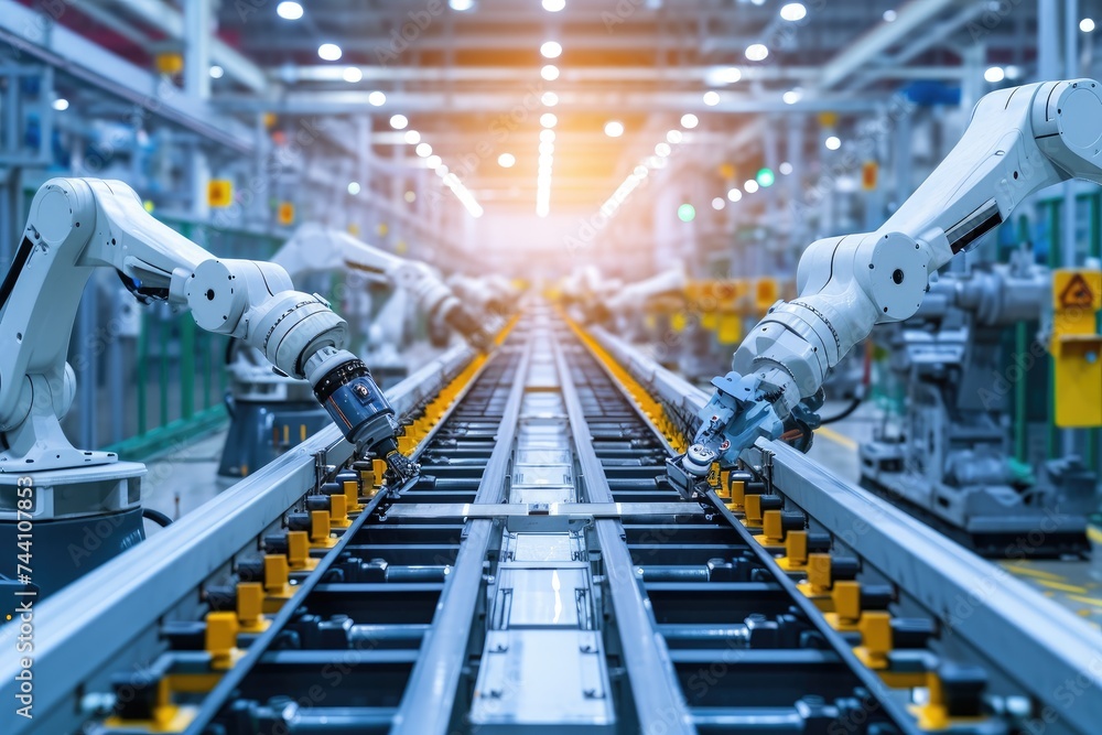 Poster several robotic arms working methodically to assemble products on a conveyor belt in a bustling fact