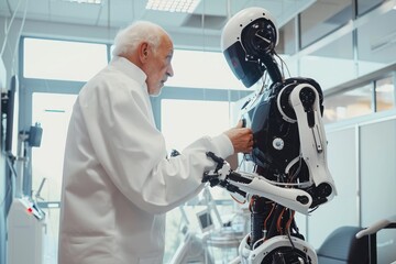 A man wearing a white lab coat stands next to a robot, examining and analyzing its functions and capabilities, Robot helping elderly patient with physiotherapy, AI Generated