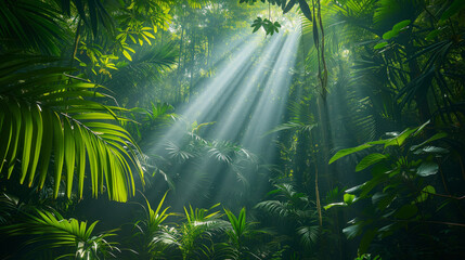 ropical rain forest landscape with sun rays emerging though the green tree branches - obrazy, fototapety, plakaty