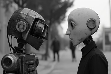 A person wearing a robot head stands beside a camera, Robotic creatures meeting humans for the first time, AI Generated - obrazy, fototapety, plakaty