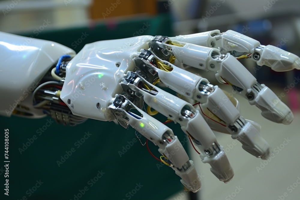 Poster a robotic hand firmly holds an object, showcasing its dexterity and precision, robotic limbs control