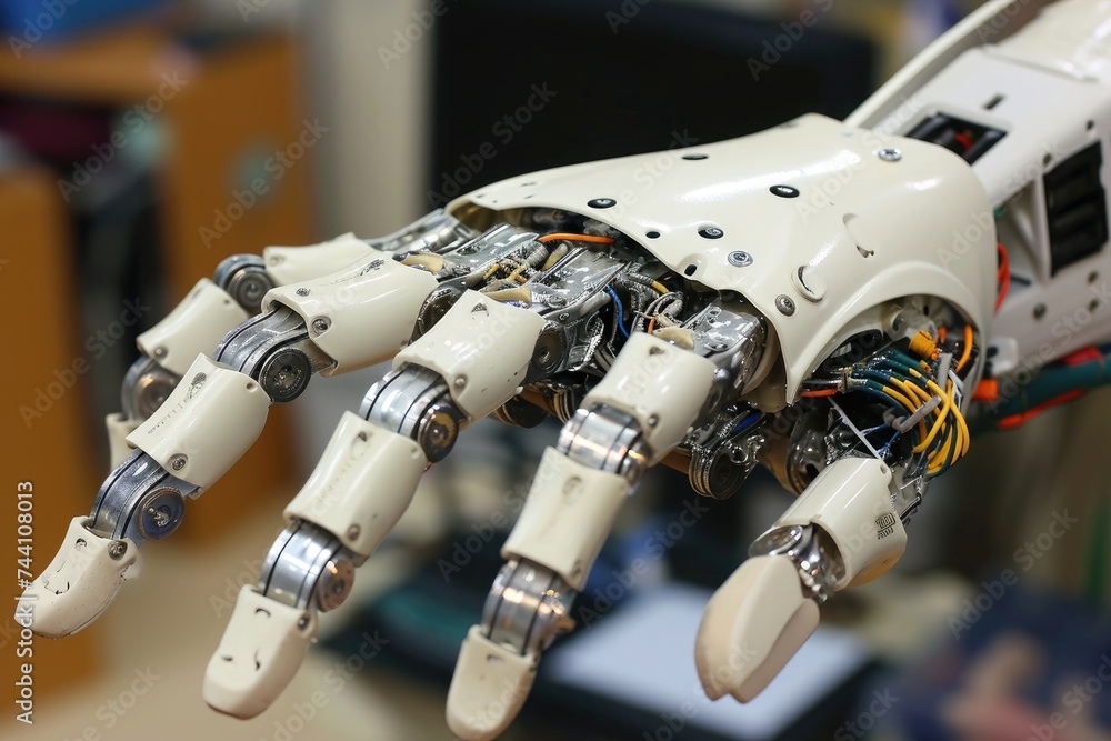 Poster a robotic hand is featured in the photograph, showcasing its intricate design with numerous wires co