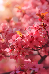 pink blossoming tree in the forest - abstract springtime background