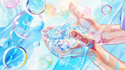Close-up Handwashing Watercolor Illustration with Colorful Bubbles