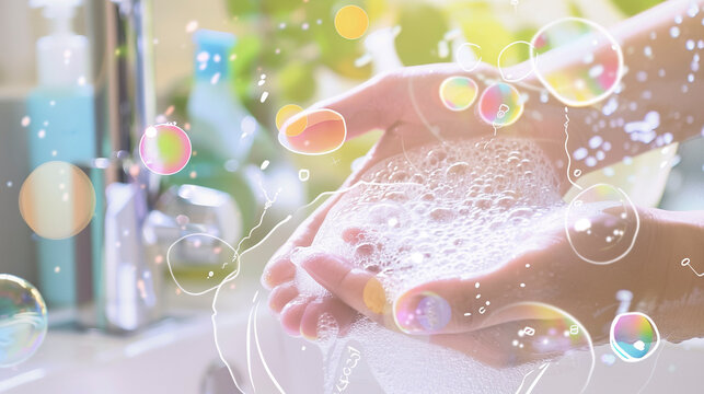 colorful Soap Bubbles in Watercolor Style Handwashing Illustration