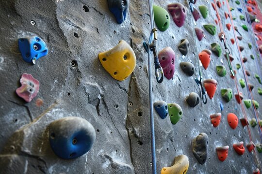 A photo depicting a rock climbing wall filled with an assortment of brightly colored rocks, Rock climbing wall at a gym, AI Generated