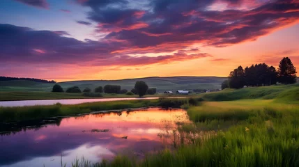 Foto op Canvas Breathtaking Sunset Over Countryside Meadow: A Symphony of Colors In An Enchanting Panoramic Landscape © Sara