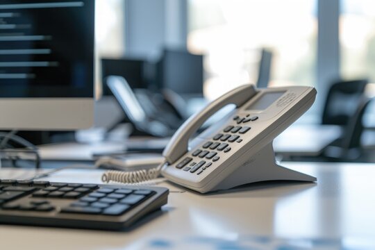A photograph of a phone sitting on top of a desk next to a keyboard, Close-up image of an office phone on a sleek desk, AI Generated