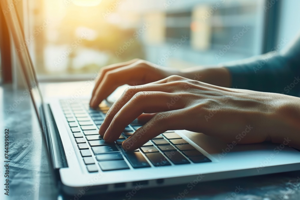 Poster a person sitting at a table is typing on a laptop computer, close-up image of hands typing on a lapt