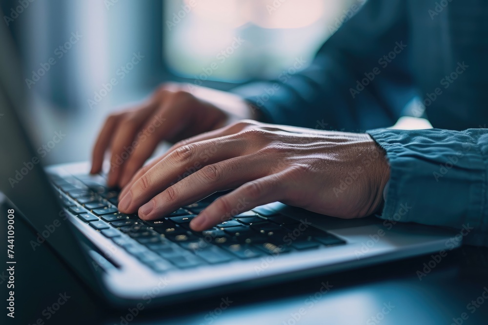 Poster a close-up view of a person intensively typing on a laptop keyboard, close-up image of hands typing 