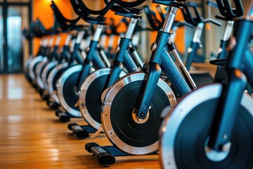 A line of stationary bikes neatly arranged in a well-lit fitness gym, ready for a challenging workout session, Row of spin bikes in a gym, AI Generated - obrazy, fototapety, plakaty