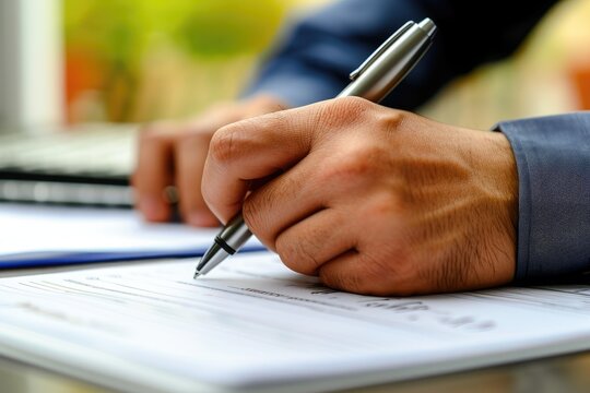 A person is captured in the act of writing on a piece of paper using a pen, Close-up of a businessman's hand holding a pen during a meeting, AI Generated