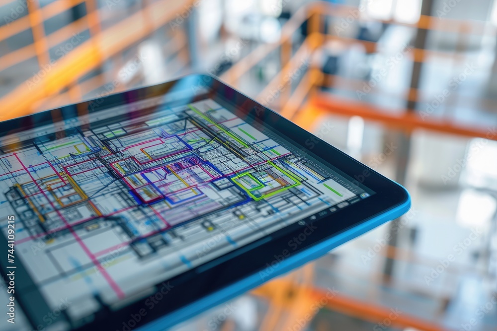 Poster a tablet computer placed on a table, showcasing its sleek design and functionality, close-up of a di