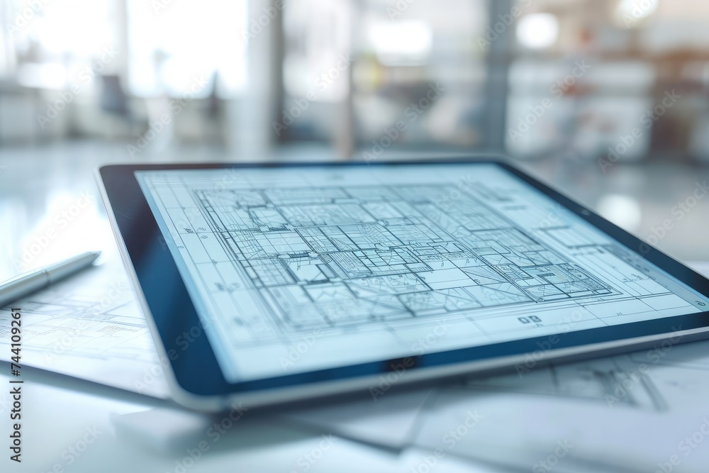 Poster a tablet computer is placed on a table, showcasing modern technology and connectivity, close-up of a