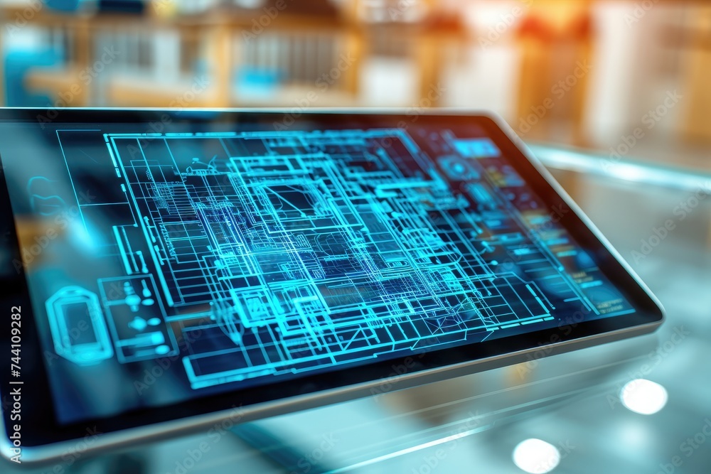 Poster a tablet is placed on a table, creating a simple and functional setup, close-up of a digital tablet 