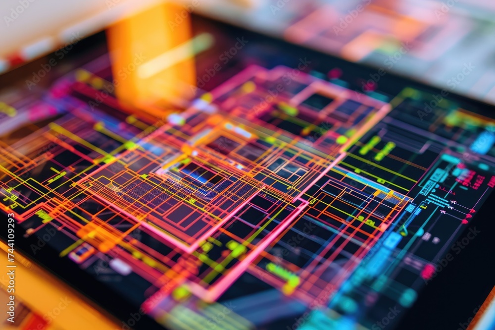 Poster close-up of colorful patterned tablet, close-up of a digital tablet displaying building information 