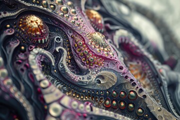 This close-up photo showcases the detailed and complex design of an object, highlighting its intricate patterns and textures, Close-up of a cybernetic organism with intricate detailing, AI Generated