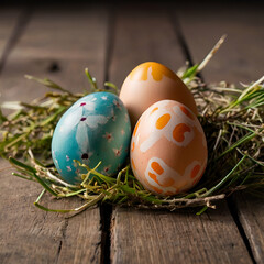 Easter eggs lying on the table, with the Easter atmosphere showcased in a broader perspective in the living room