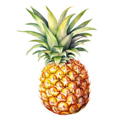 Realistic watercolor of a pineapple with vibrant green leaves.