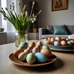 Easter eggs lying on the table, with the Easter atmosphere showcased in a broader perspective during the Easter breakfast in a modern and exclusive lounge in a beautiful house