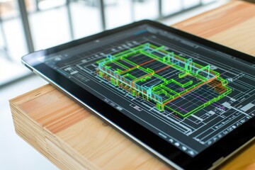 A tablet with a digital drawing displayed on its screen is placed on a table, Close-up of a digital tablet displaying building information modeling (BIM) software, AI Generated