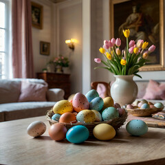 Easter eggs lying on the table, with the Easter atmosphere showcased in a broader perspective during the Easter breakfast in a modern and exclusive lounge in a beautiful house