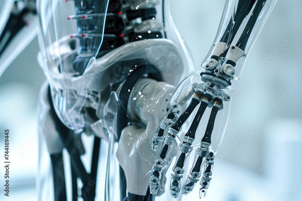 Poster a robotic hand grasping an object firmly in its right hand, close-up of biomechanical and bionic imp