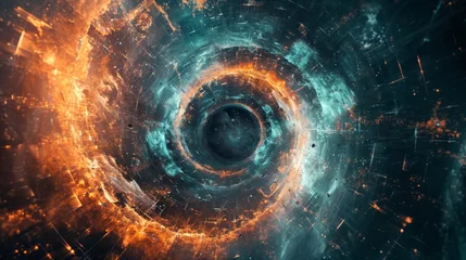 Fotobehang A black hole surrounded by a spiral of fire and energy flows © Олег Фадеев