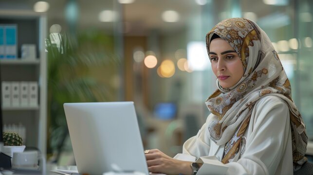 Contemporary medical professional engaging with technology in a modern clinic. Serene healthcare professional in hijab using laptop
