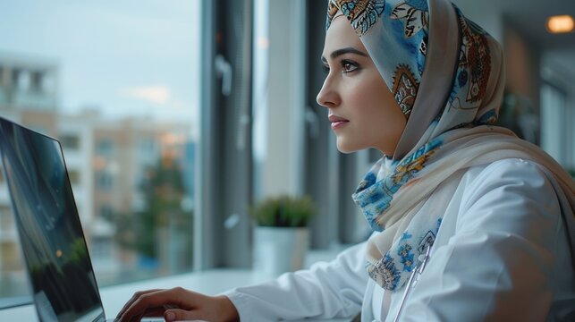 Contemporary medical professional engaging with technology in a modern clinic. Serene healthcare professional in hijab using laptop