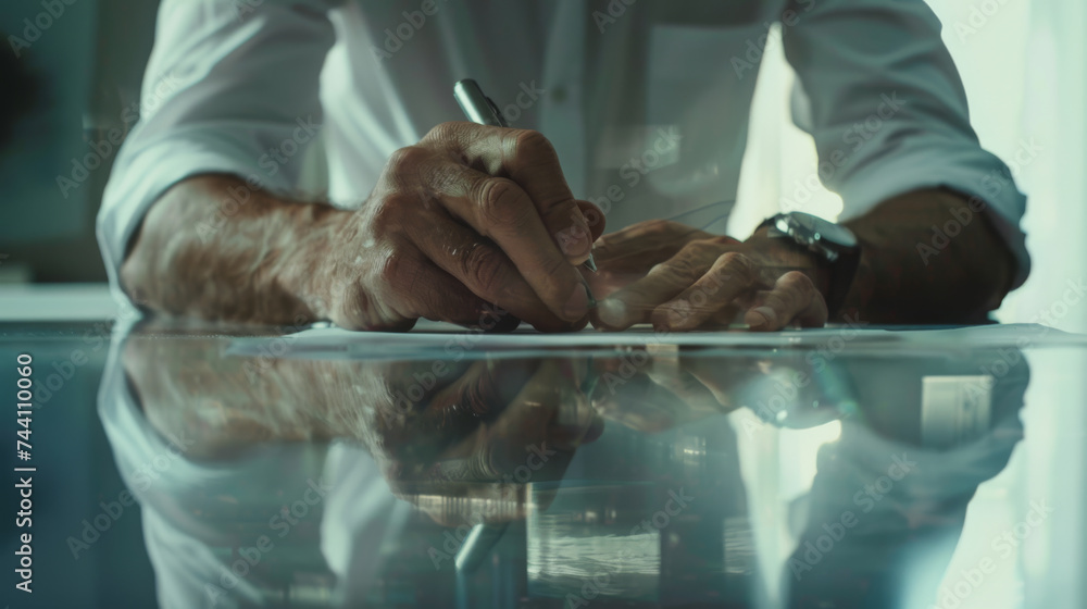 Poster a person is signing a document on a glass table, a close-up shot emphasizing the action of commitmen