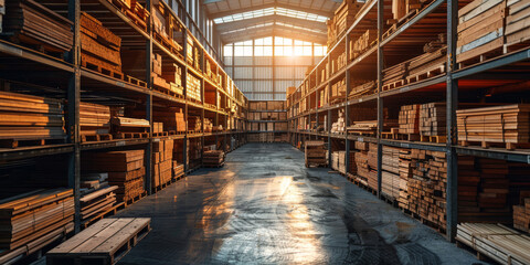 Fototapeta premium Organized Wooden Shelves in a Busy Warehouse