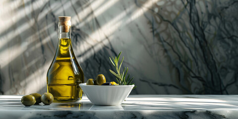 Bottle of Olive Oil Next to Bowl of Olives